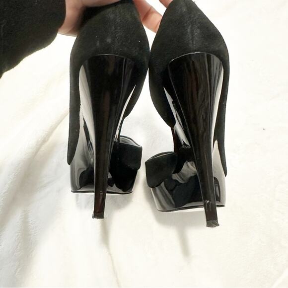 Bebe Women's Black Peep Toe Heels D’orsay suede leather size 8.5 pumps - Picture 8 of 11